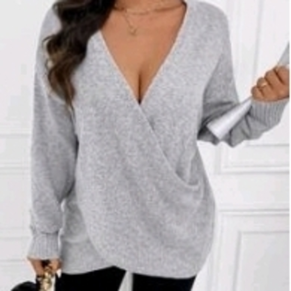 SHEIN Gray V-Neck Sweater with Wrap Design